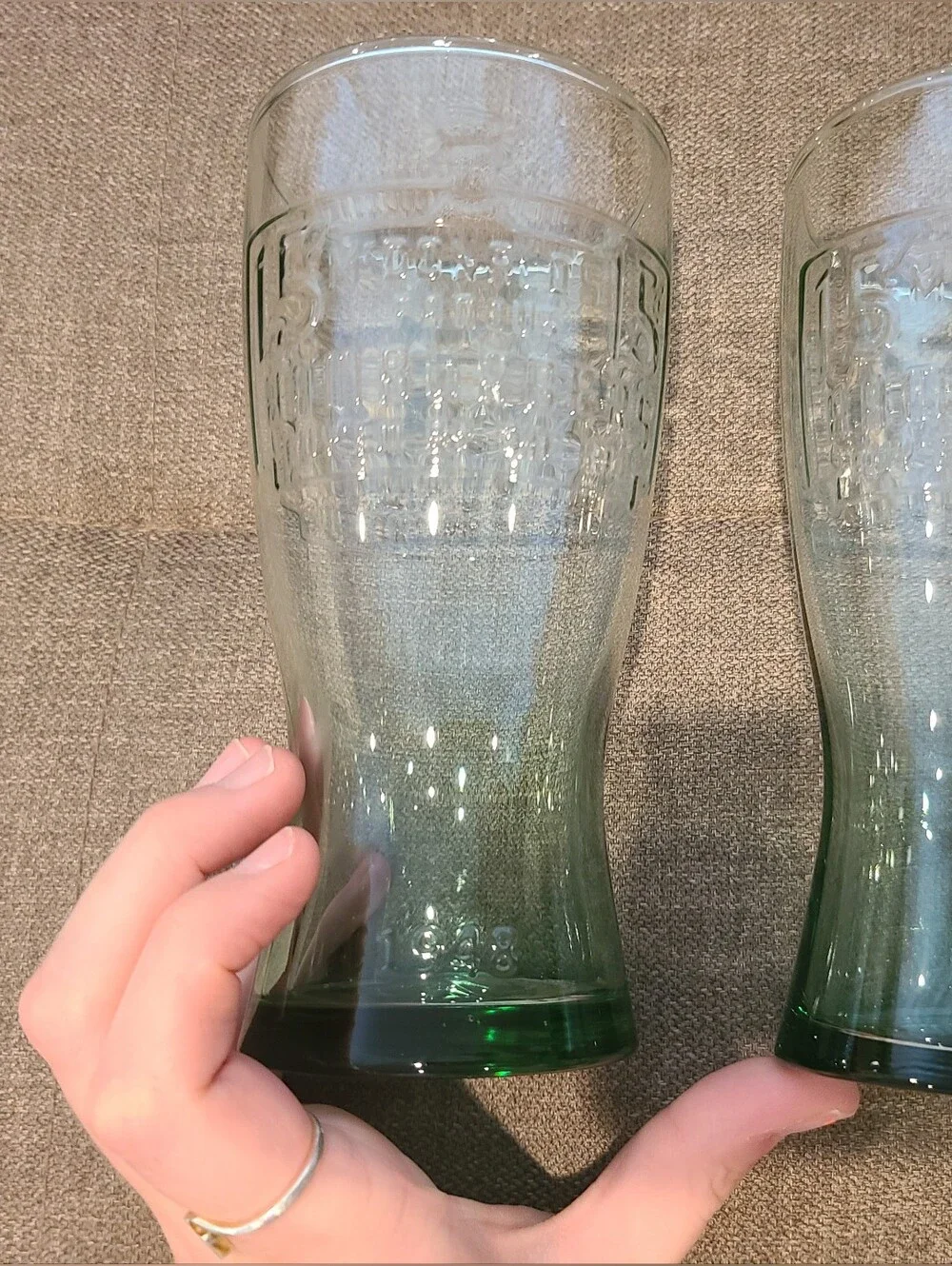 Vintage McDonald's 1948 Famous 15-Cent Hamburger green tinted collector glasses